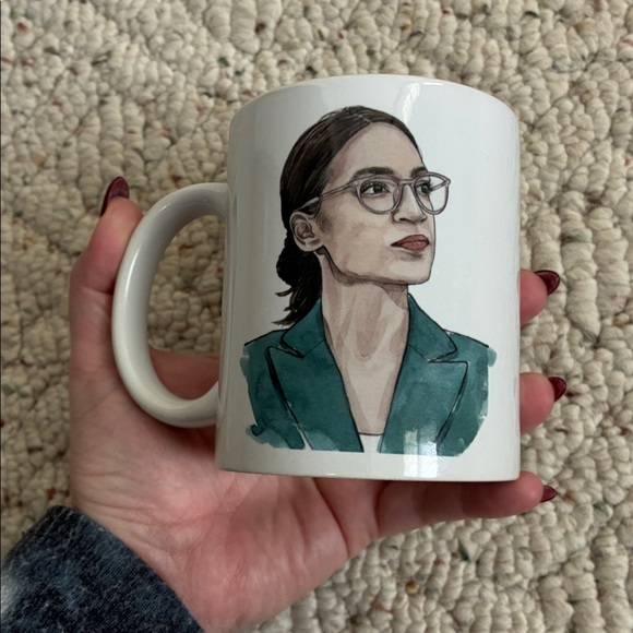 Handmade White Ceramic Mug w/ Illustrated AOC Alexandria Ocasio Cortez Portrait - Picture 3 of 6